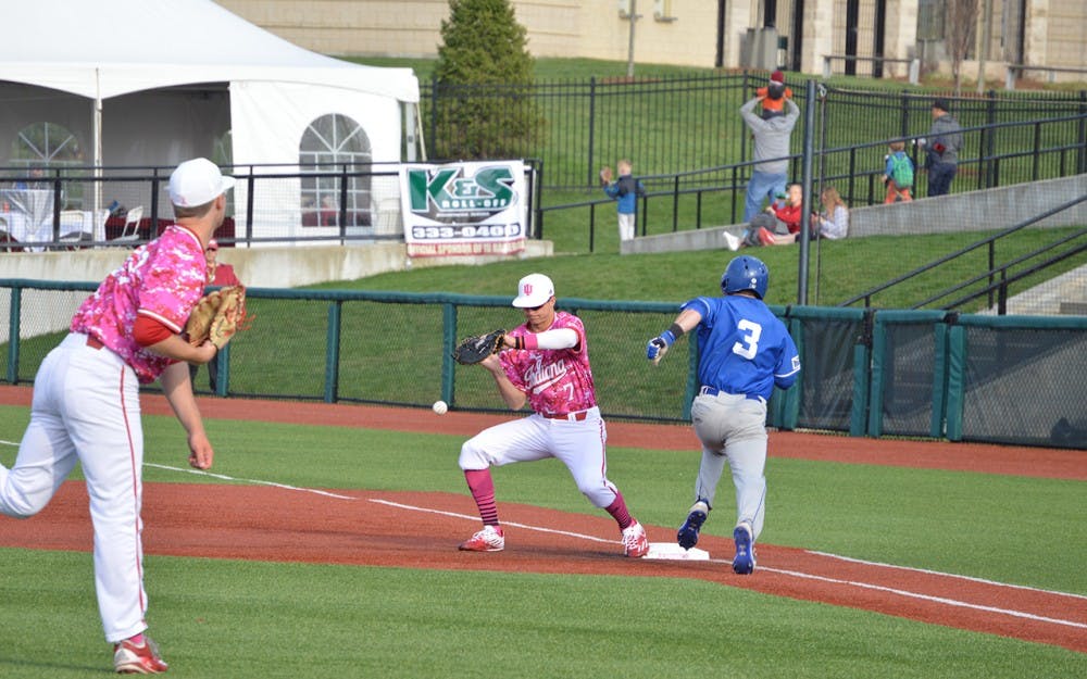 Freshman Matt Gorskey drops the ball at first base during the first inning of IU's game against Indiana State on March 29. IU lost to Indiana State, 7-3.&nbsp;