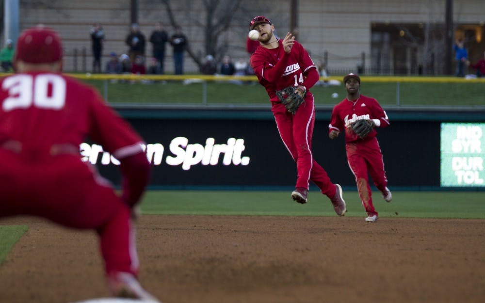 <p>Junior utility player Matt Lloyd throws the ball to first base to get the out during the April 17 game against Notre Dame at Victory Field in Indianapolis. Lloyd hit a three-run home run in IU's win against Texas A&amp;M on Sunday.</p>