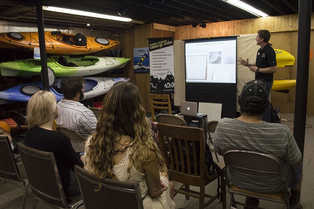 Pat Beezley from Leave No Trace explains how to camp while leaving less of an impact on the environment on Thursday at J.L Waters Adventure Outfitters. Beezley and his wife T.J travel around the country in a Subaru to raise awareness to various communities.