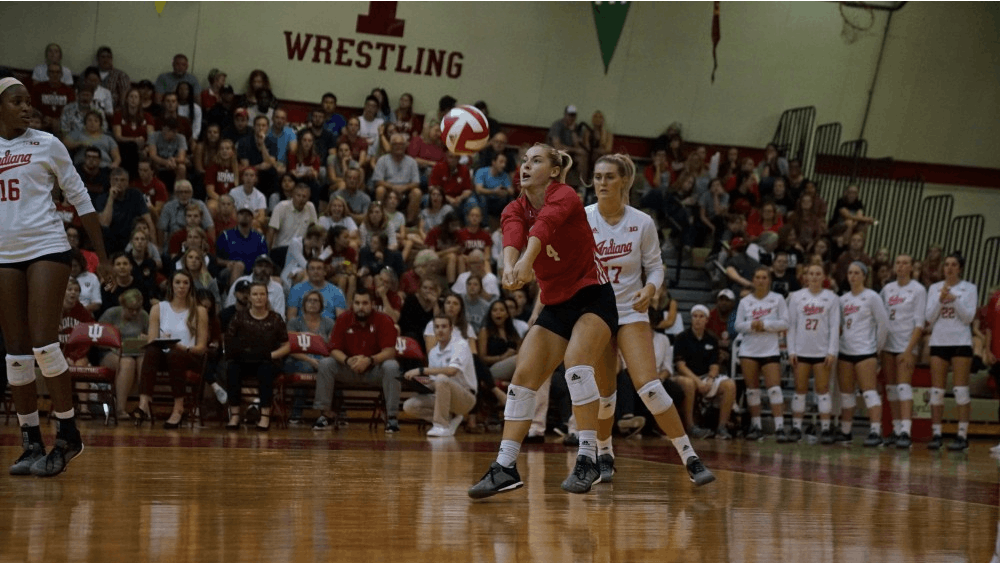 Sophomore defensive specialist Bayli Lebo returns the ball against the Northwestern Wildcats on Sept. 21 in University Gym. On Nov. 21 against Purdue, Lebo set the program single-season record for digs when she picked up her 514th of the year.