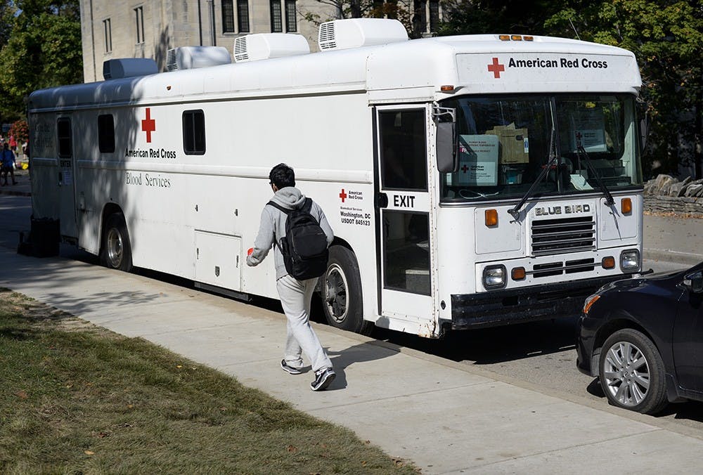 The American Red Cross blood donation truck makes regular stops outside Ballantine Hall to promote students to donate blood.