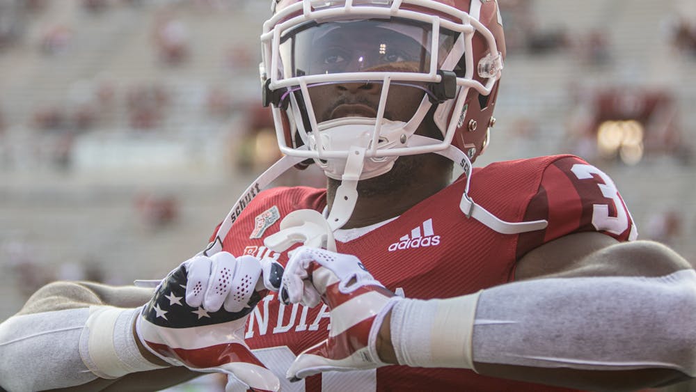 Defensive back Bryant Fitzgerald holds his hands in the shape of a heart prior to Indiana’s football game against Idaho on Sept. 11, 2021, at Memorial Stadium. Indiana will play No. 8 Cincinnati on Saturday in front of a sold out crowd at Memorial Stadium.