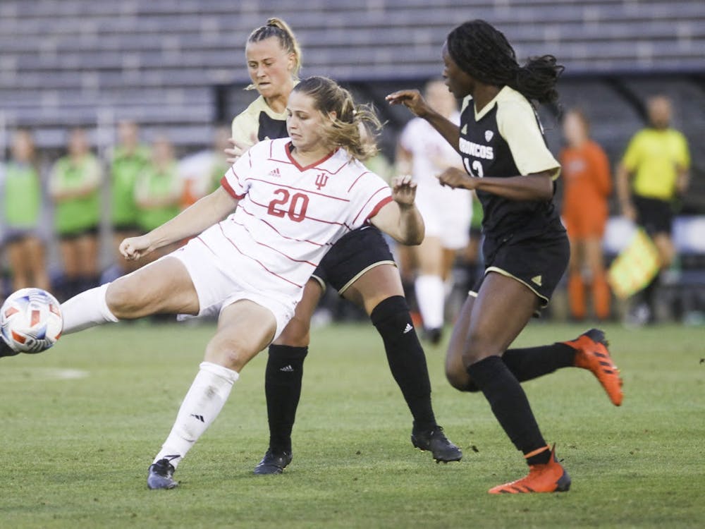 Then-sophomore forward Jen Blitchok kicks the ball Sept. 2, 2021, at Bill Armstrong Stadium. Indiana tied Penn State University 0-0 on Sunday in Bloomington.
