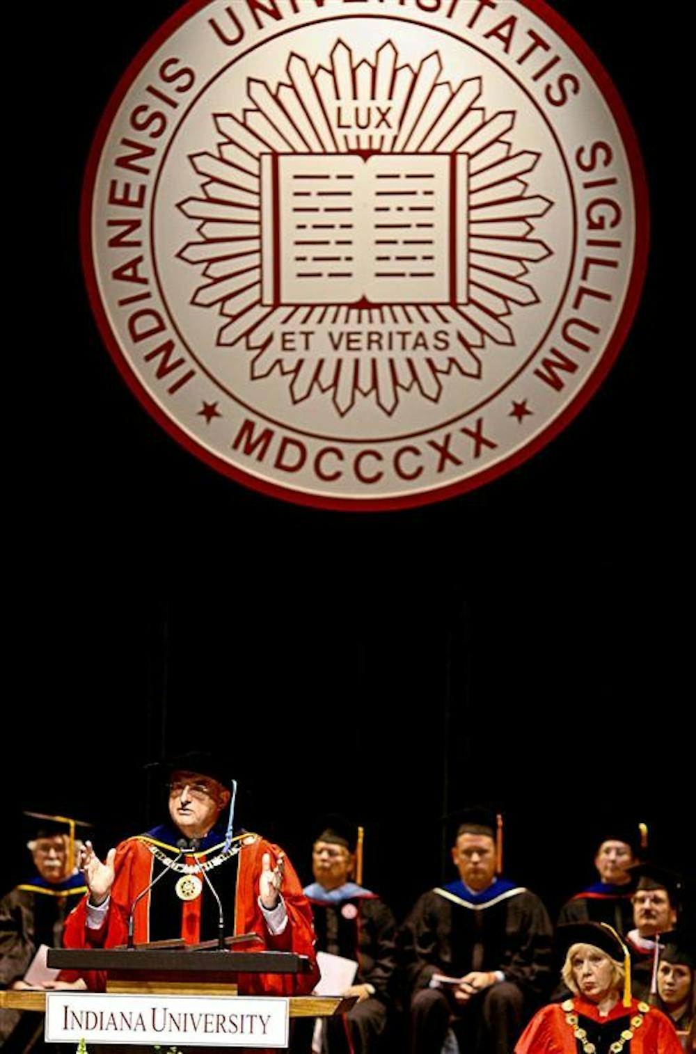 IU President Michael McRobbie speaks to the freshman class of 2012 Wednesday afternoon at the IU Auditorium. McRobbie welcomed the many different freshman this year, including one set of quadruplets.