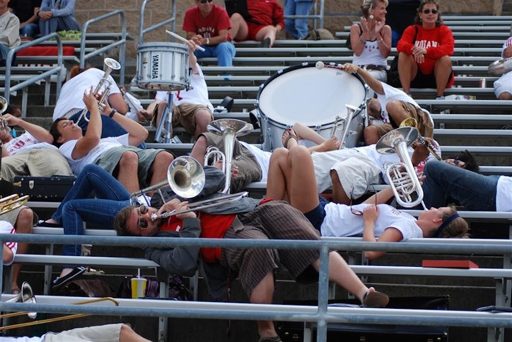 Members of the Crabb Band play the soft part of "Shout" early in the first half of a women's soccer game against Central Michigan on August 30, 2009, at Bill Armstrong Stadium. The Crabb Band plays for multiple IU sports teams, including soccer and baseball.