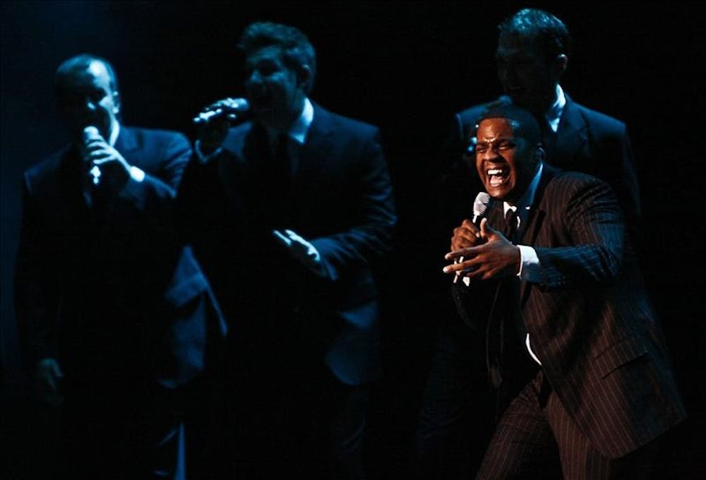 IU alumni Jerome Collins, of Straight No Chaser, sings Oct. 25, 2008 at the IU Auditorium. Straight No Chaser was signed by Atlantic Records, after a video on YouTube hit eight million views.