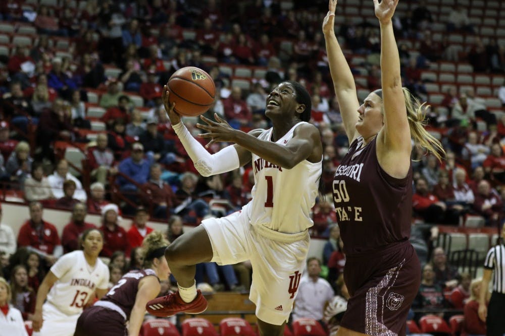 <p>Sophomore guard Bendu Yeaney goes up for a layup against Missouri State on Dec. 9 at Simon Skjodt Assembly Hall.&nbsp;</p>