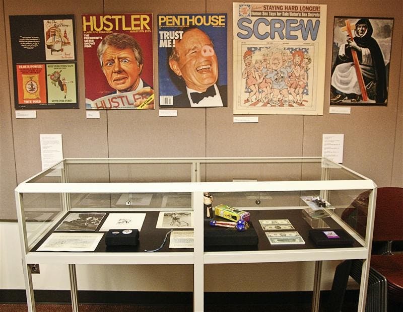 Art work portray presidents and sex in a display Monday afternoon at the Kinsey Institute. The exhibit, "Sex and Presidential Politics," will be on display until Jan. 23.