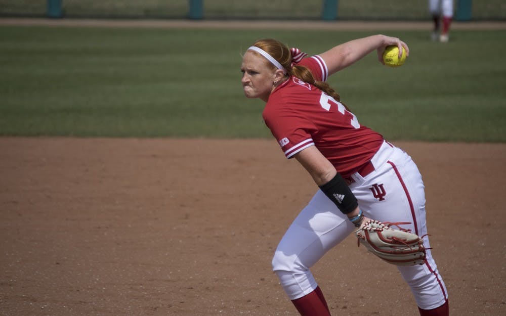Frshman pitcher Emily Goodin pitches in the game against Rutgers. The Hoosiers took on the Scarlet Knights last weekend winning two games on Friday but lost on Saturday.