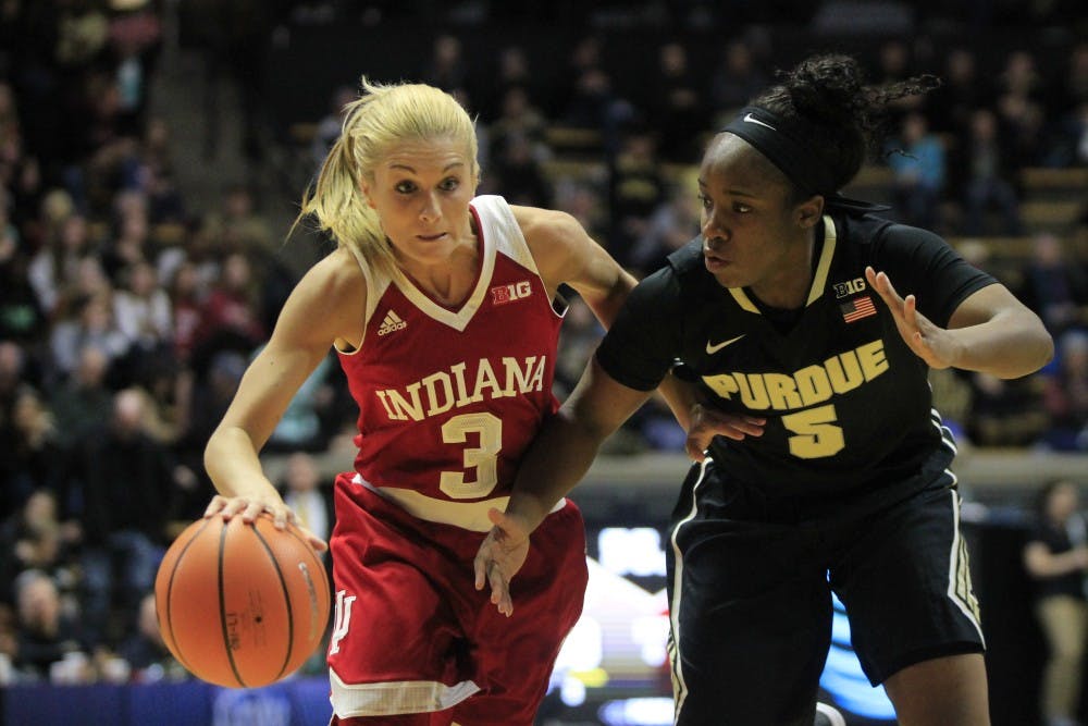 <p>Senior guard Tyra Buss dribbles the ball up the court against Purdue on Feb. 12 in West Lafayette, Indiana. Buss and the Hoosiers begin Big Ten Tournament play Thursday against Michigan State.&nbsp;</p>