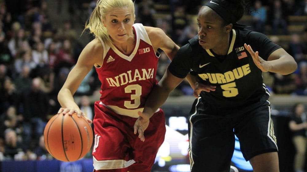 Senior guard Tyra Buss dribbles the ball up the court against Purdue on Feb. 12 in West Lafayette, Indiana. Buss and the Hoosiers begin Big Ten Tournament play Thursday against Michigan State.&nbsp;