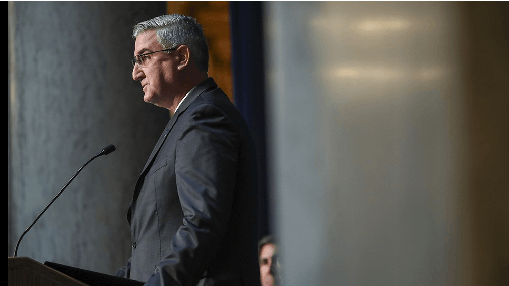 Gov. Eric Holcomb speaks at the press conference on the opioid crisis initiative at the Indiana State House in Indianapolis on Oct. 10, 2017. Holcomb was added to a list of Americans permanently banned from entering Russia, according to a Feb. 8, 2023, release from Russia’s Ministry of Foreign Affairs. 