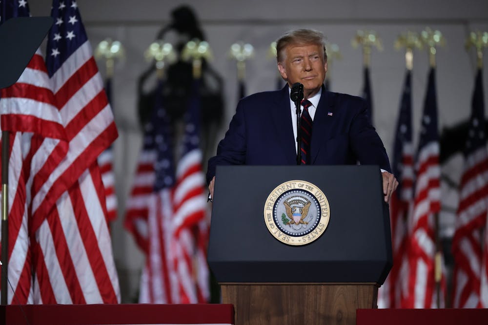 <p>Then-president Donald Trump delivers his acceptance speech for the Republican presidential nominationAug. 27, 2020, on the South Lawn of the White House in Washington, D.C. </p>