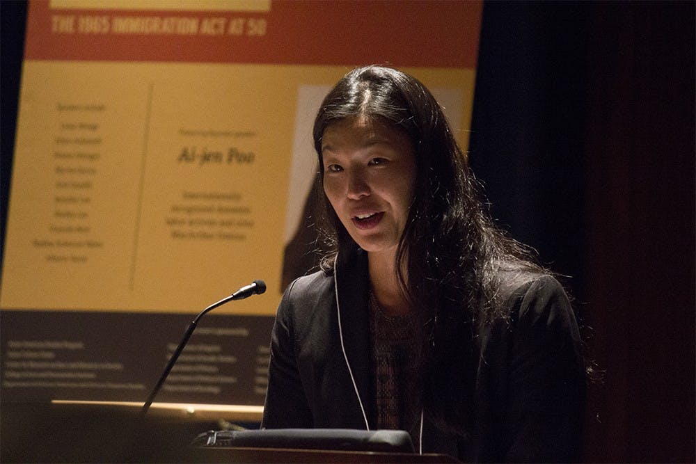 Ai-jen Poo, director of the national Domestic Workers Alliance, speaks as one of the keynote speakers during the "Politics, Premises, Possibilities: The 1965 Immigration Act at 50" event on Friday in Whittenberger Auditorium.