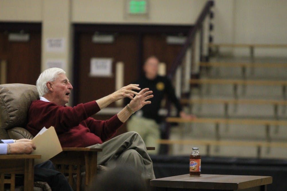 <p>Former IU men's basketball coach Bob Knight describes how he was tossed off the court while in the middle of a basketball game he played in. Knight spoke at the event Spend an Evening With Bob Knight on Wednesday, Feb. 28, at Bloomington High School South.</p>