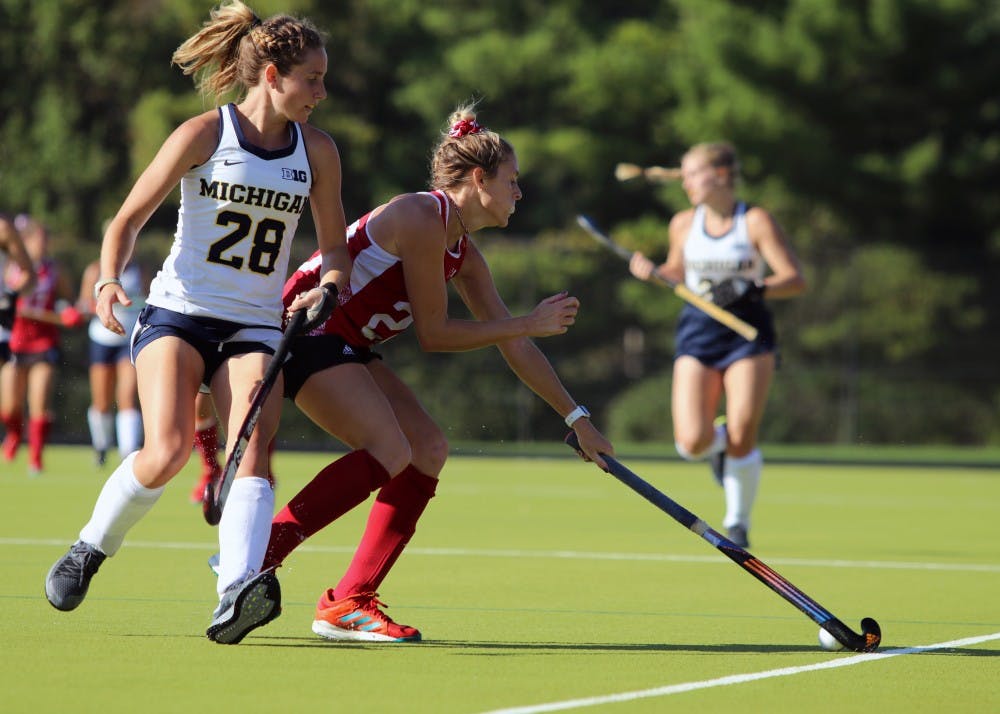 Senior forward Maddie Latino controls the ball against Michigan on Oct. 13 at the IU Field Hockey Complex. IU finished Big Ten play 0-8 after losses to Ohio State and Penn State this past weekend.&nbsp;