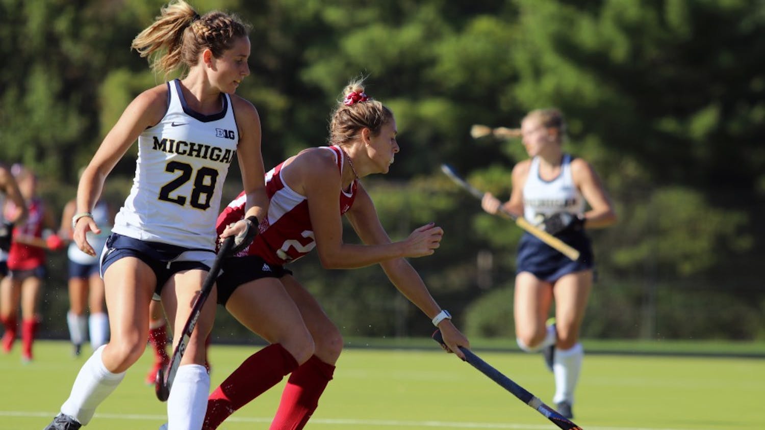 Senior forward Maddie Latino controls the ball against Michigan on Oct. 13 at the IU Field Hockey Complex. IU finished Big Ten play 0-8 after losses to Ohio State and Penn State this past weekend.&nbsp;