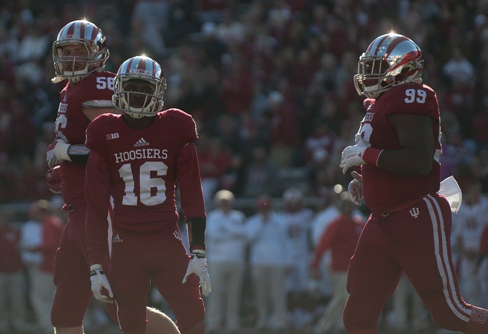 Cornerback Rashard Fant reacts after being called offsides after blocking a field goal during the game against Rutgers on Saturday at Memorial Stadium. The Hoosiers lost, 52-55.