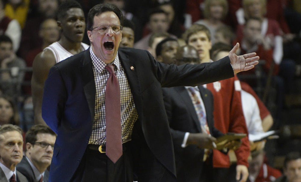 Coach Tom Crean questions a call during the game against Iowa on Tuesday evening at Assembly Hall. IU lost 77-63.