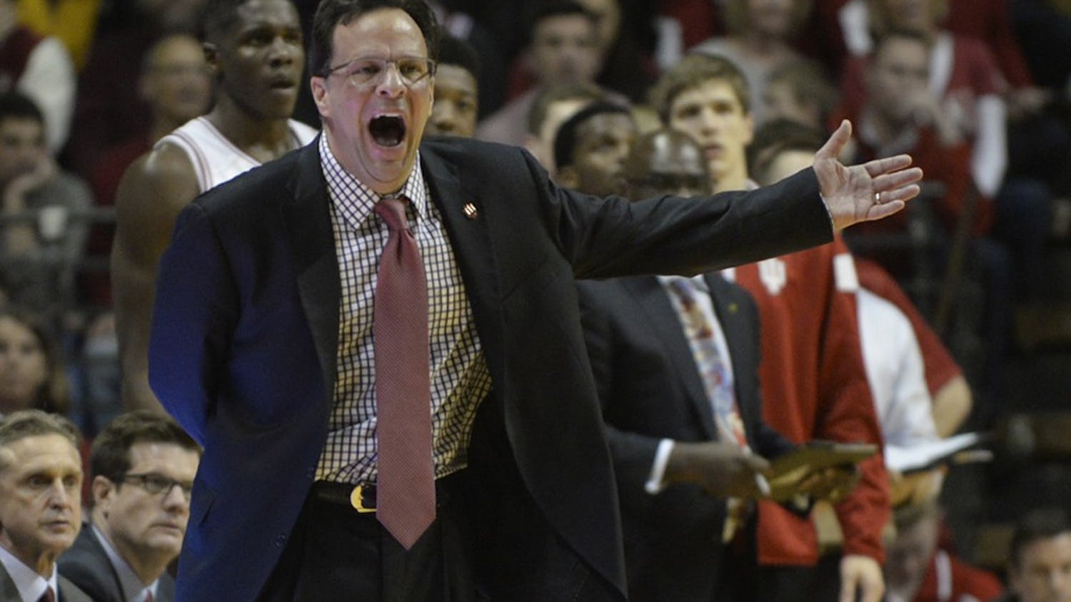 Coach Tom Crean questions a call during the game against Iowa on Tuesday evening at Assembly Hall. IU lost 77-63.