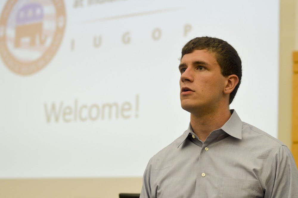 College Republican chairman Brian Gamache led new members into the organization with an introduction of the executive board, the Pledge of Allegiance, and pizza at the College Republican call out meeting Monday evening at the Kelley Graduate School.	