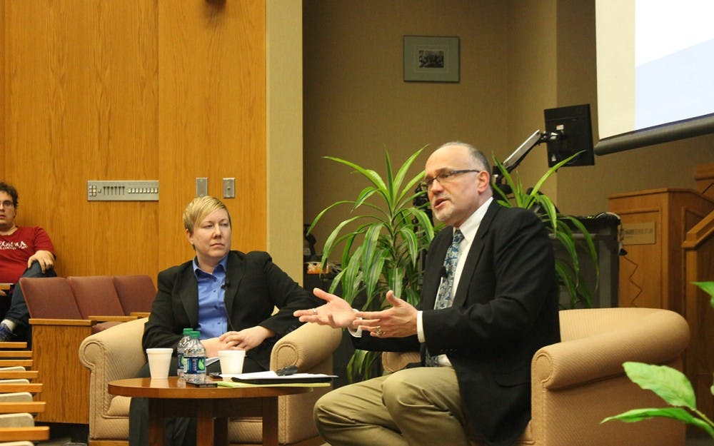 Steve Sanders, an associate professor in law at IU, moderates a discussion on Wednesday in the Maurer School of Law. This discussion called Dignity, Law, and Transgender Lives0 featured speakers Jody Herman from UCLA Law School and Joshua Block who is a senior staff attorney for the ACLU. Block will be arguing at the Supreme Court this spring on behalf of the transgender bathroom bill.