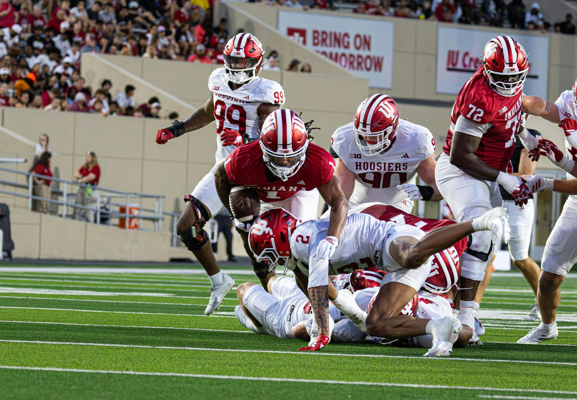 Indiana junior running back Turbo Richard runs the ball during the spring game on April 23, 2026, at Memorial Stadium in Bloomington. This season will be Richards’ first season with the Hoosiers. 
