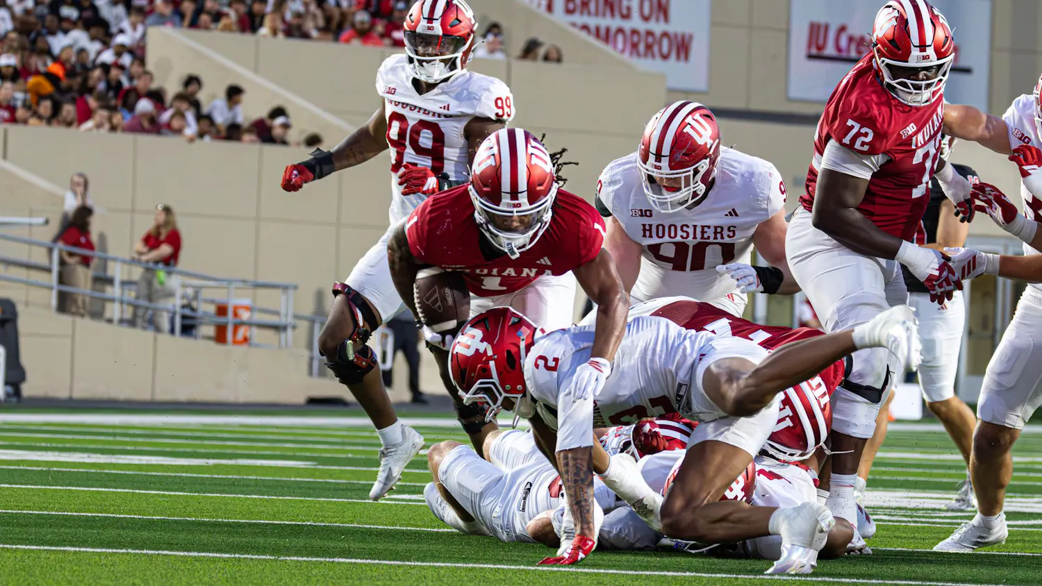 Indiana junior running back Turbo Richard runs the ball during the spring game on April 23, 2026, at Memorial Stadium in Bloomington. This season will be Richards’ first season with the Hoosiers.