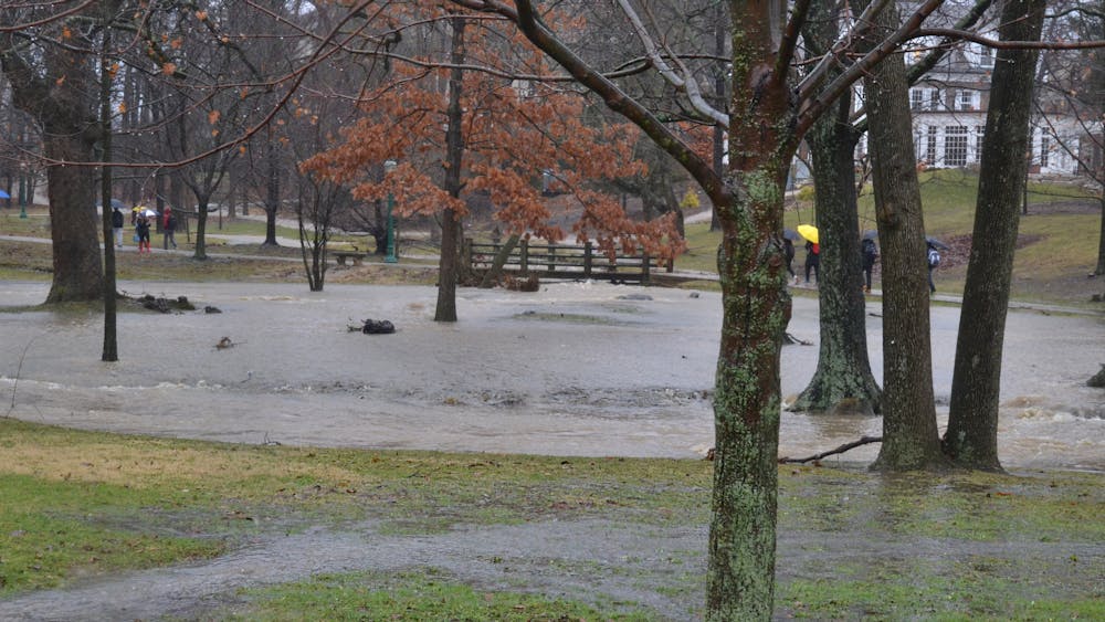The Campus River spills over its banks Feb. 7, 2019, near Woodburn Hall. The National Weather Service has issued a tornado watch until 5 p.m. April 5, 2023, in Monroe County.