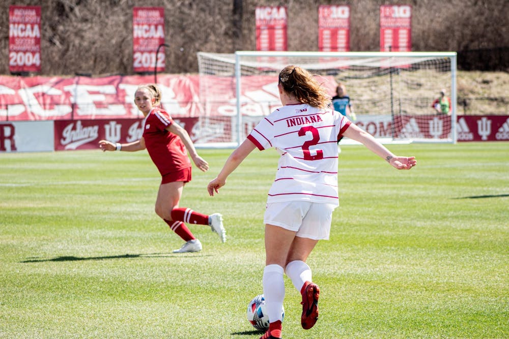 <p>Junior defender Karlee Luker dribbles the soccer ball against Wisconsin on March 21, 2021. IU’s 0-0 draw marked the first time in program history where IU played Notre Dame without a loss.</p>