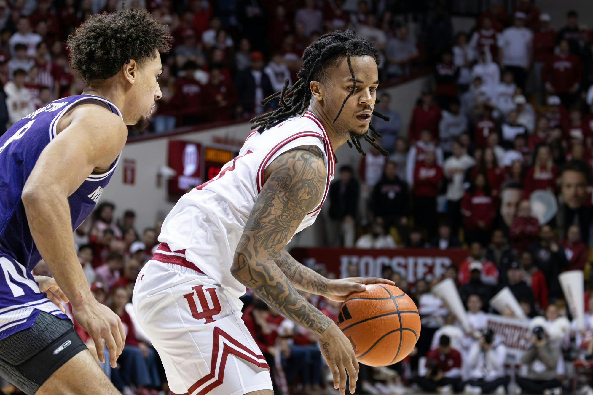 Senior Lamar Wilkerson defends the ball against Northwestern on Feb. 24, 2026, at Simon Skjodt Assembly Hall in Bloomington. Wilkerson scored 18 points against the Wildcats. 