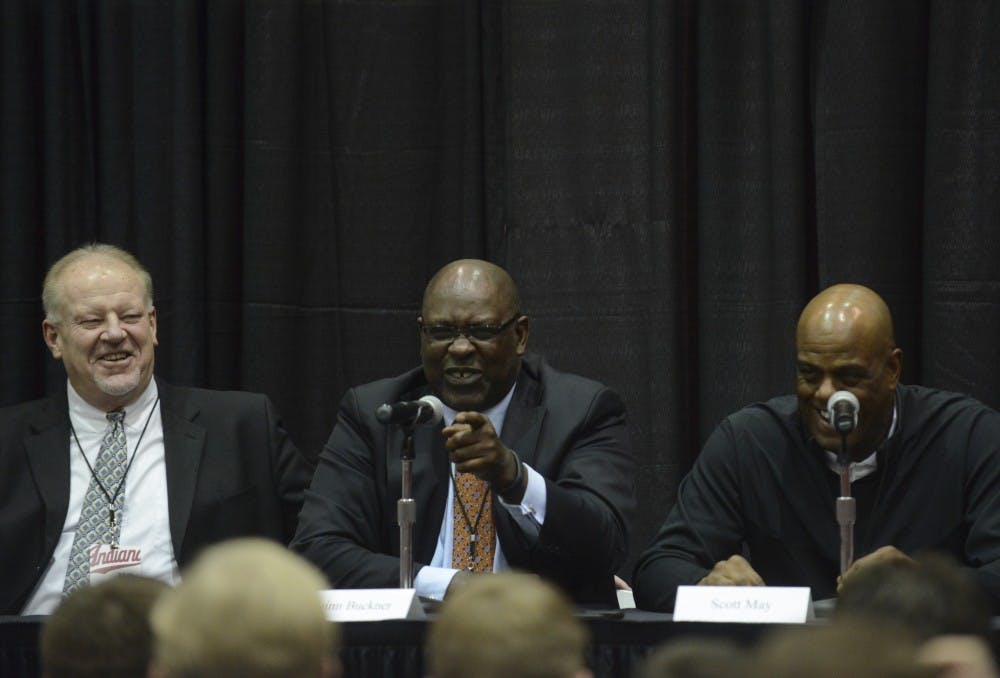 Kent Benson, Quinn Buckner and Scott May laugh at a press conference before the game against Wisconsin on Jan. 5 at Assembly Hall. The 1976 IU basketball team was honored at half for the 30 year anniversary of their undefeated season.