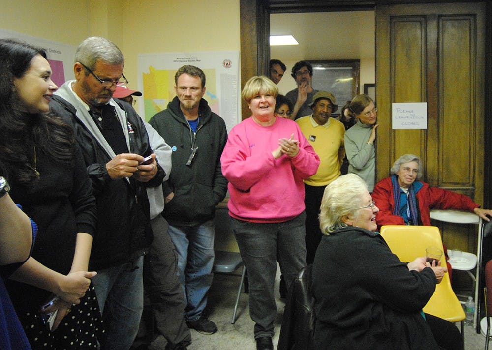 Monroe County Assessor, Judy Sharp, speaks to the Monroe County Democrats watch party Tuesday. Sharp defeated her challenger, William Ellis, in the 2014 mid term elections. 