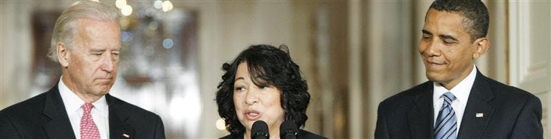 Vice President Joe Biden and President Barack Obama listen to Supreme Court nominee Sonia Sotomayor on Tuesday during the announcement in the East Room of the White House. 