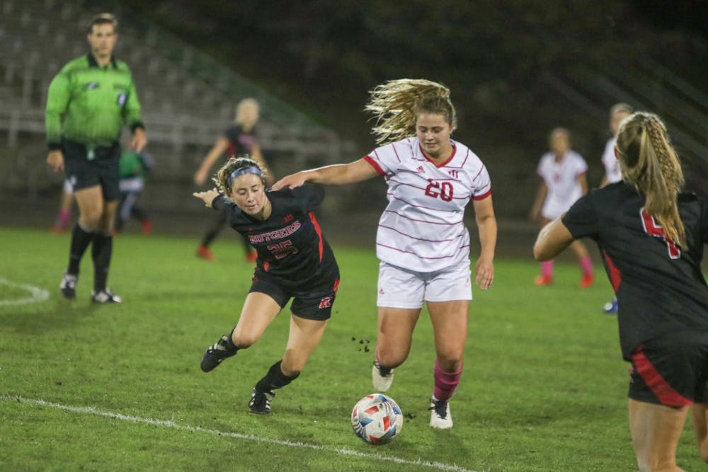 <p>IU sophomore forward Jen Blitchok goes to kick the ball Oct. 21, 2021, in Bill Armstrong Stadium. Indiana lost to Rutgers 0-2. </p>