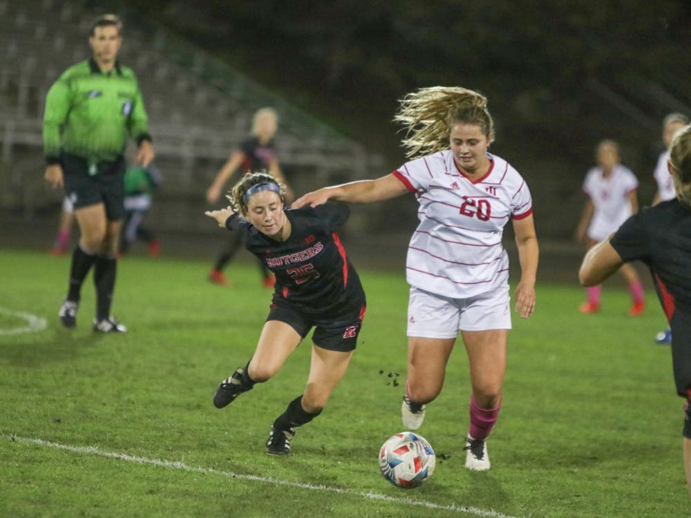 IU sophomore forward Jen Blitchok goes to kick the ball Oct. 21, 2021, in Bill Armstrong Stadium. Indiana lost to Rutgers 0-2. 