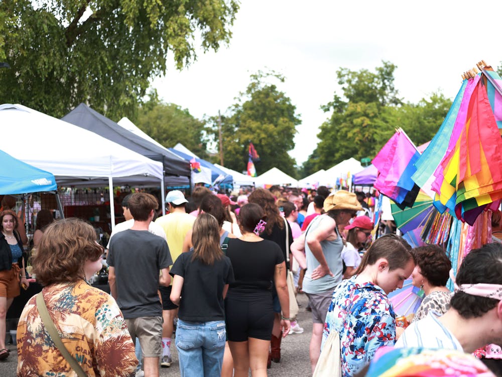 A crowded street is seen on Aug. 26, 2023, just off Kirkwood Avenue for the Bloomington Pridefest. Many vendors attended the event, selling pride-themed merchandise. 