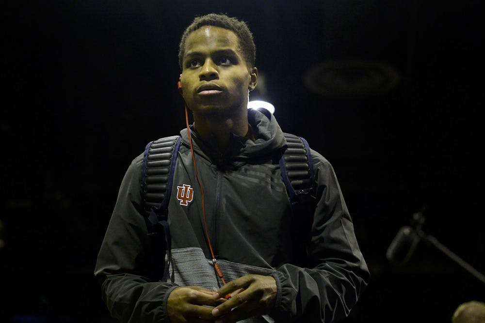 Junior guard Kevin "Yogi" Ferrell arrives with the team before IU's game against Wichita State on Friday at CenturyLink Center in Omaha, Neb.