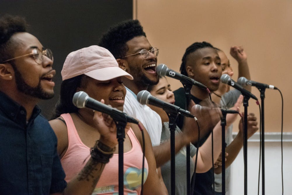 <p>Singers of the IU Soul Revue rehearse in 2018 in the Neal-Marshall Grand Hall. Portia Maultsby, IU professor emerita of ethnomusicology, will discuss the history of the IU Soul Revue from 4:30 p.m. to 5:30 p.m. Oct. 27 via Zoom. </p><p></p>