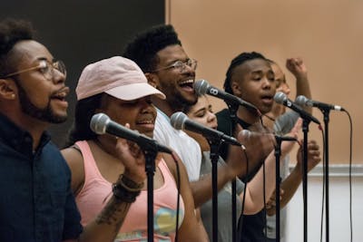 Singers of the IU Soul Revue rehearse in 2018 in the Neal-Marshall Grand Hall. Portia Maultsby, IU professor emerita of ethnomusicology, will discuss the history of the IU Soul Revue from 4:30 p.m. to 5:30 p.m. Oct. 27 via Zoom. 