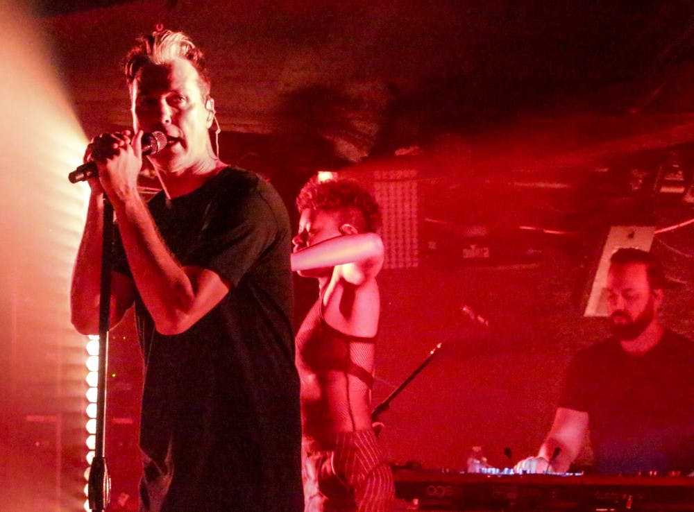 Michael Fitzpatrick, left, the singer of Fitz and The Tantrums, performs Tuesday evening at the Bluebird. Bloomington is a stop on their North America tour. 