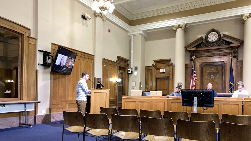 David Wolfe Bender, an IU student and Democratic nominee for city council, answers questions about his residency at a Monroe County Election Board hearing on May 18, 2023. The board voted to send the case to the county prosecutor and the Indiana Attorney General. 