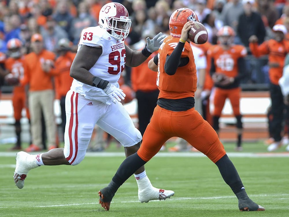 Sophomore Ralph Green III chases after the quarterback during IU's game against Bowling Green on Saturday at Doyt Perry Stadium.