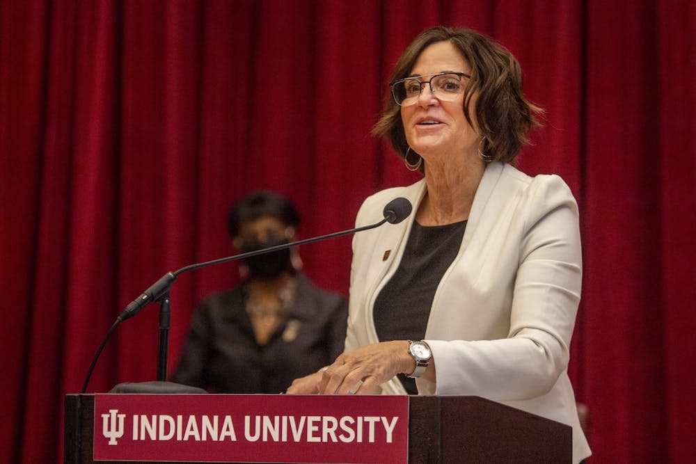<p>Melanie Walker, IU presidental search committee chair, speaks in Neal Marshall Grand Hall. Indiana University trustee Melanie Walker has died, according to a press release from the university Sunday.</p>