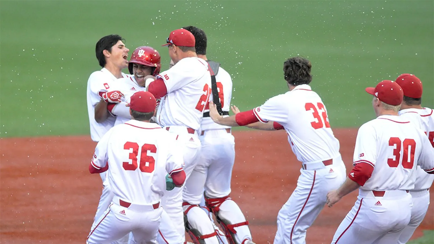 The Hoosiers celebrate Sophomore Laren Eustace's walk-off single which gave them a 3-2 win over Kentucky.