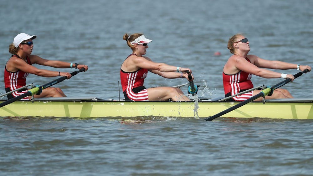 <p>Members of the IU rowing team compete June 1, 2019, at the 2019 Rowing NCAA Championships in Indianapolis. No. 17 Indiana rowing finished fourth at the Big Ten Championships on Sunday in Indianapolis. </p>