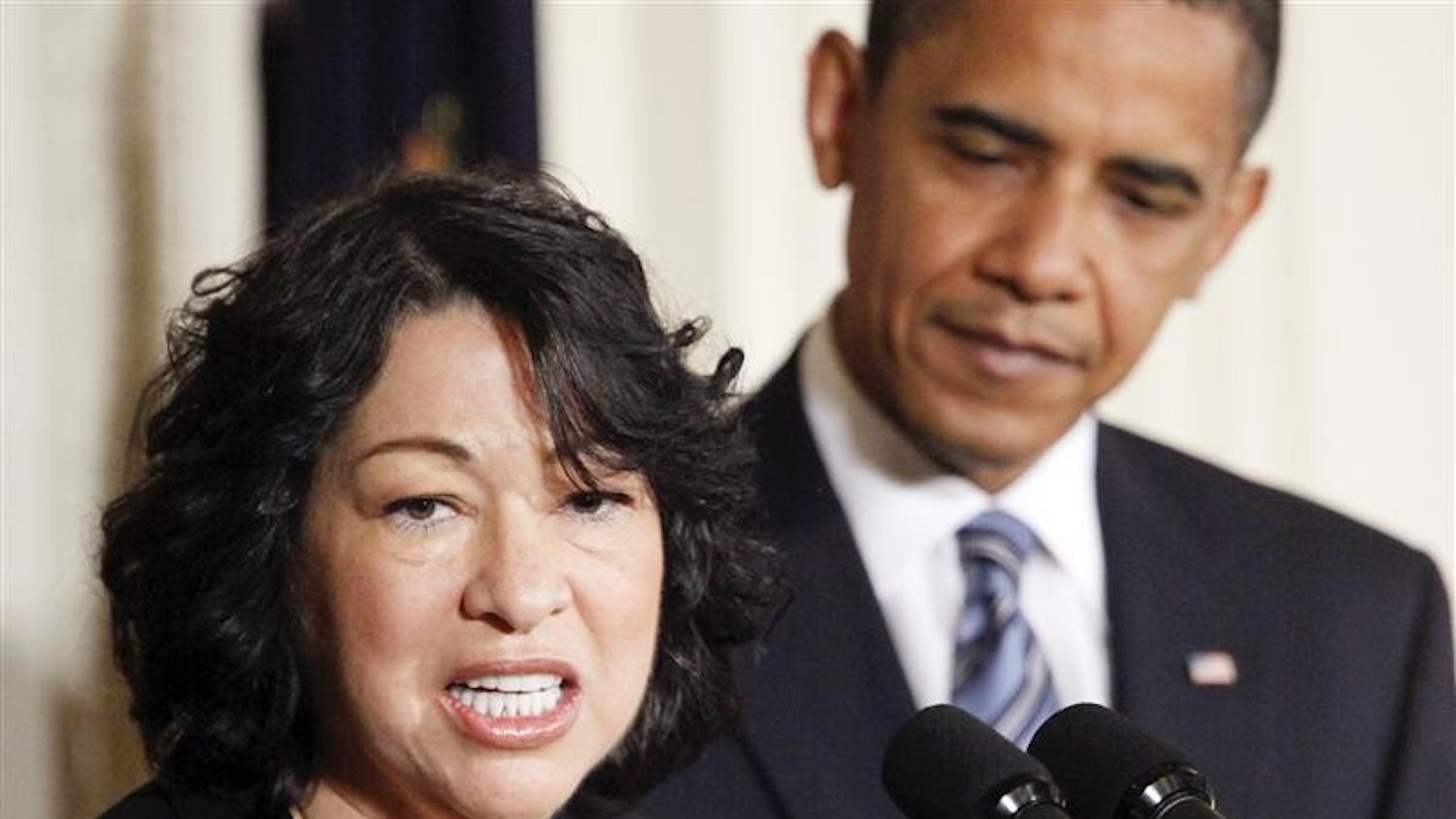 President Barack Obama looks on as his Supreme Court nominee Sonia Sotomayor speaks in the East Room of the White House in Washington, Tuesday May 26, 2009.
