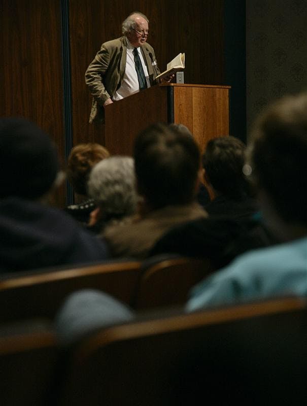Alexander McCall Smith reads excerpts from his book "Tea Time for the Traditionally Built" on Monday afternoon in the Whittenberger Auditorium. McCall Smith is best known for his No. 1 Ladies' Detective Agency series, which has been translated into 39 languages and has sold over 15 million copies worldwide.