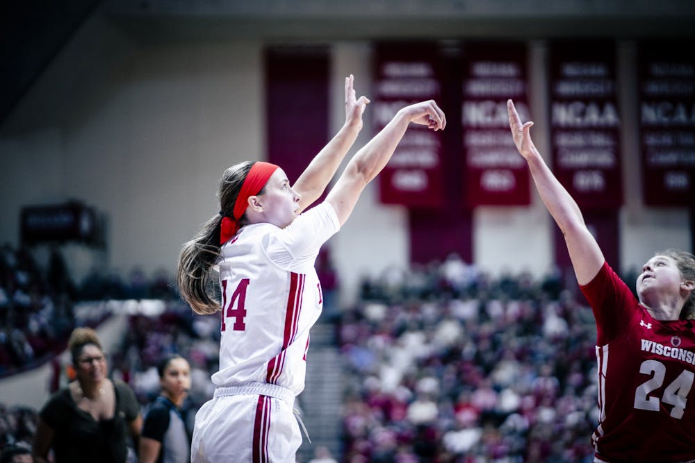 <p>Senior guard Sara Scalia shoots a three Jan. 15, 2023, at Simon Skjodt Assembly Hall in Bloomington. The Hoosiers beat Michigan 92-83 in Ann Arbor on Monday night.</p>