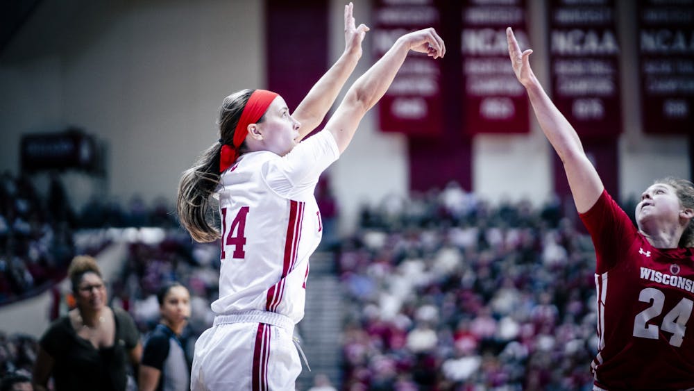 Senior guard Sara Scalia shoots a three Jan. 15, 2023, at Simon Skjodt Assembly Hall in Bloomington. The Hoosiers beat Michigan 92-83 in Ann Arbor on Monday night.